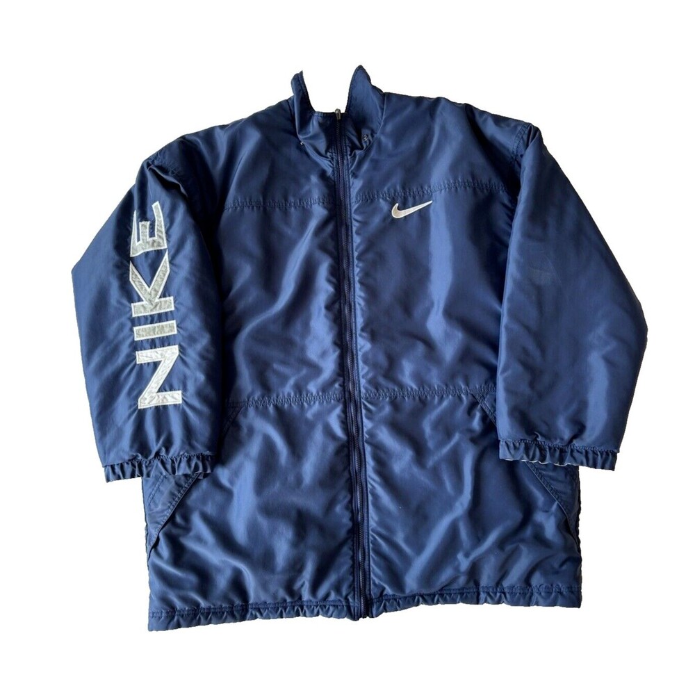 VTG Nike Jacket Mens XXL 2XL Big Swoosh Reversible Parka Stadium Coat Blue Long‎